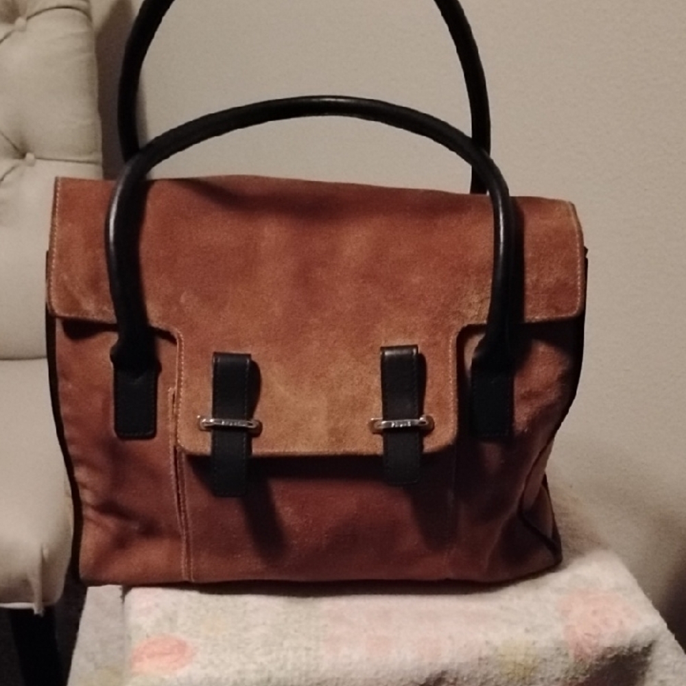 Brown Leather Handbag with Black Handles